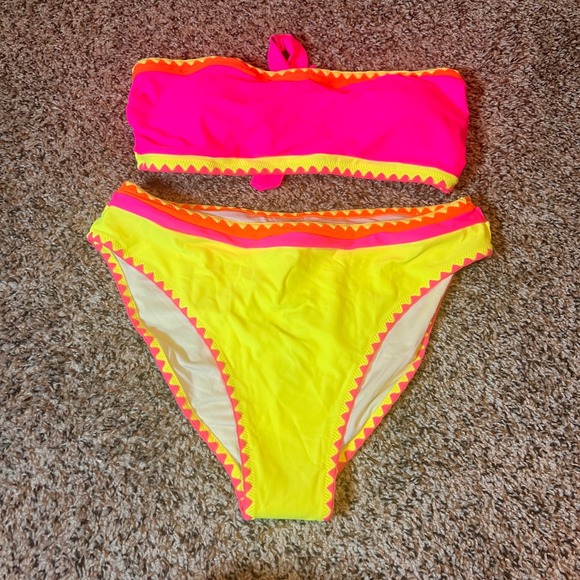 Popvil Neon Pink & Yellow Bikini Swimsuit Set Strapless Bandage Top Size Large - Picture 1 of 4